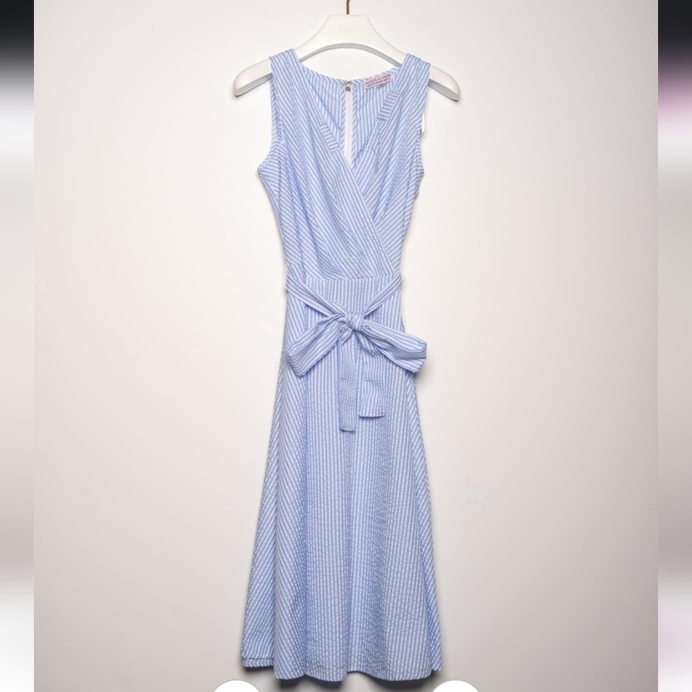 NWOT Tommy Hilfiger Light Blue Striped Seersucker Midi Dress - Picture 6 of 8